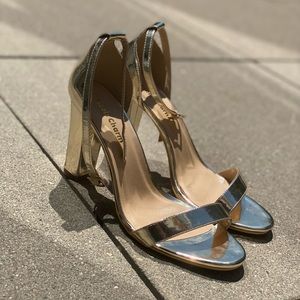 Gold Strappy Chunky Block Sandals Ankle Strap Open Toe High Heel Sandals US 10